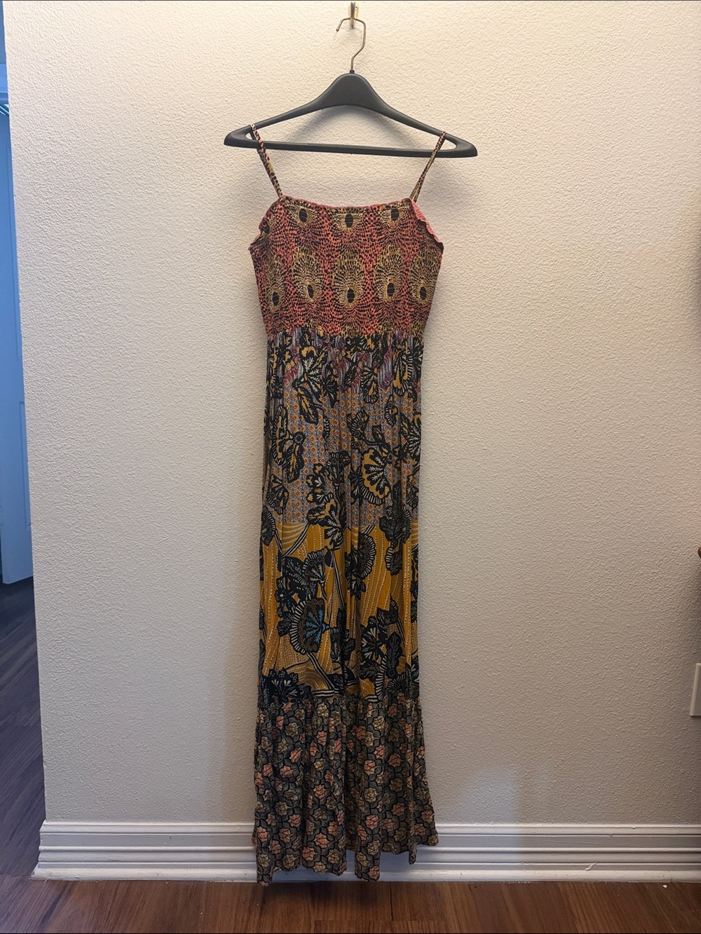 Anthropologie Boho Floral Maxi Dress - Mustard & Coral Pattern